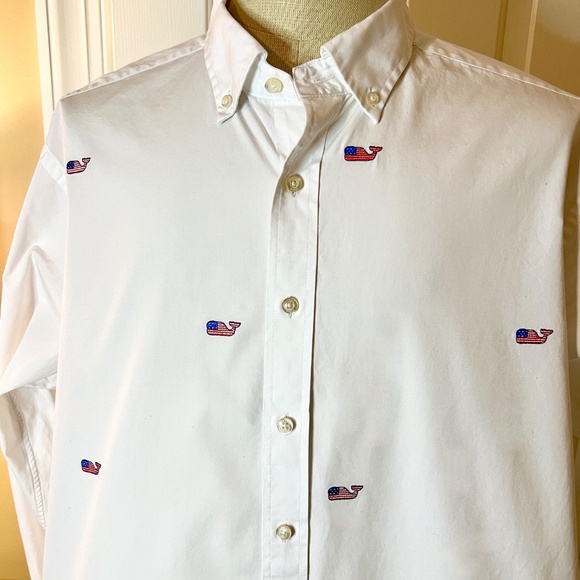 EUC Mens Vineyard Vines Slim Fit Murray Shirt White American Flag Whales XXL 2XL - Picture 3 of 3
